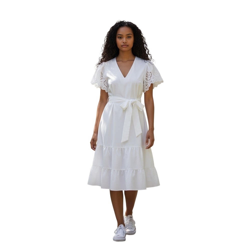 Nicole Miller Brilliant White Eyelet Flutter Sleeve Tiered Midi Dress Size L
